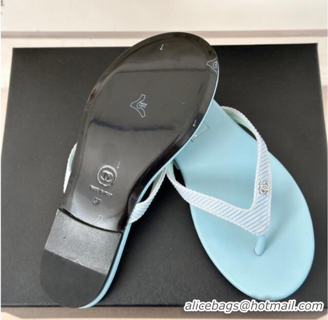 Most Popular Chanel Ribbed Fabric Flat Thong Slide Sandals with Strass CC Blue 2025 G45716