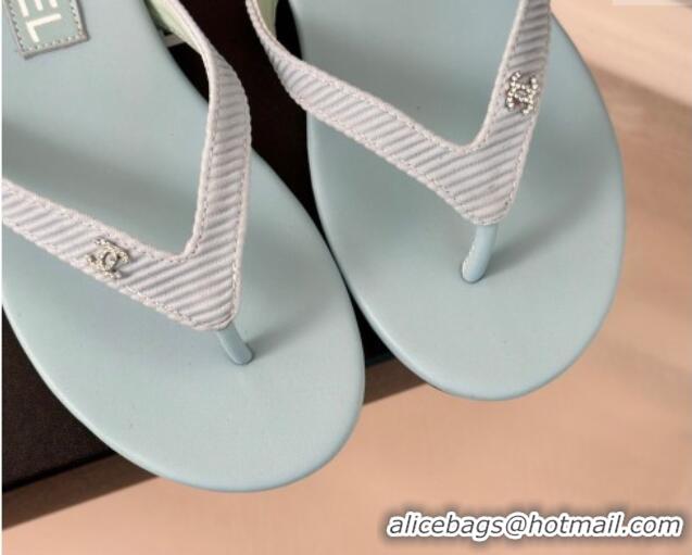 Most Popular Chanel Ribbed Fabric Flat Thong Slide Sandals with Strass CC Blue 2025 G45716