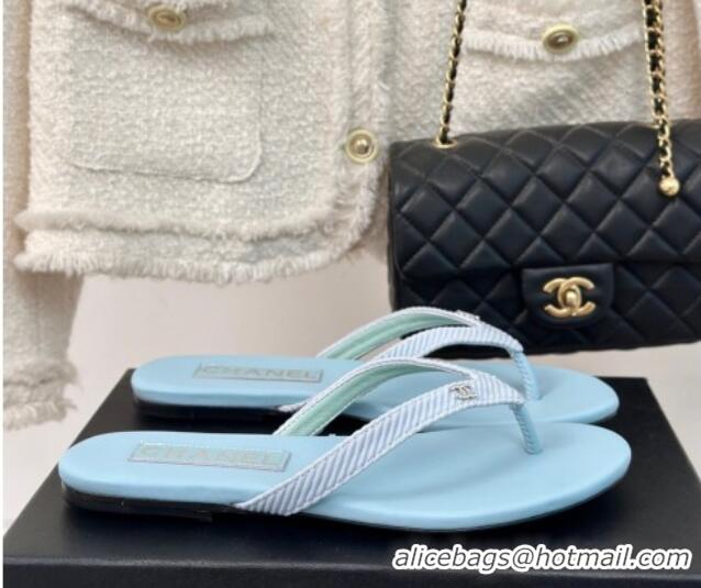 Most Popular Chanel Ribbed Fabric Flat Thong Slide Sandals with Strass CC Blue 2025 G45716
