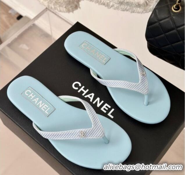 Most Popular Chanel Ribbed Fabric Flat Thong Slide Sandals with Strass CC Blue 2025 G45716