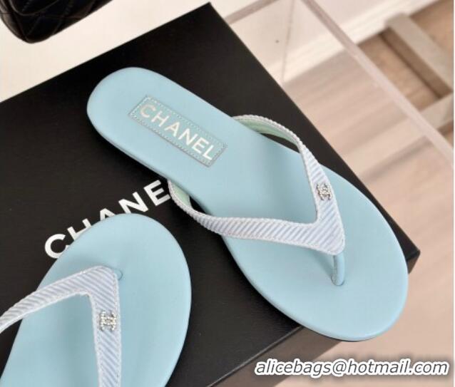 Most Popular Chanel Ribbed Fabric Flat Thong Slide Sandals with Strass CC Blue 2025 G45716