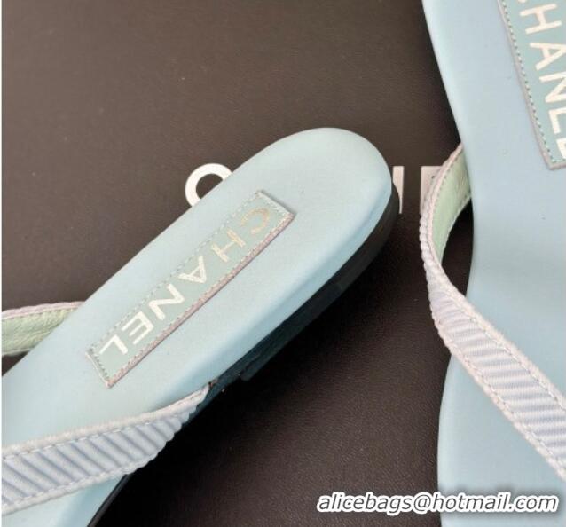 Most Popular Chanel Ribbed Fabric Flat Thong Slide Sandals with Strass CC Blue 2025 G45716