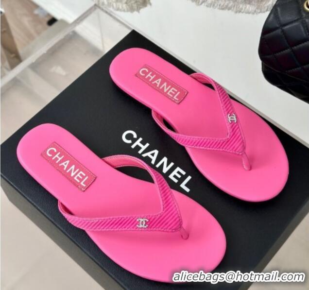 Top Design Chanel Ribbed Fabric Flat Thong Slide Sandals with Strass CC Pink 2025 G45716