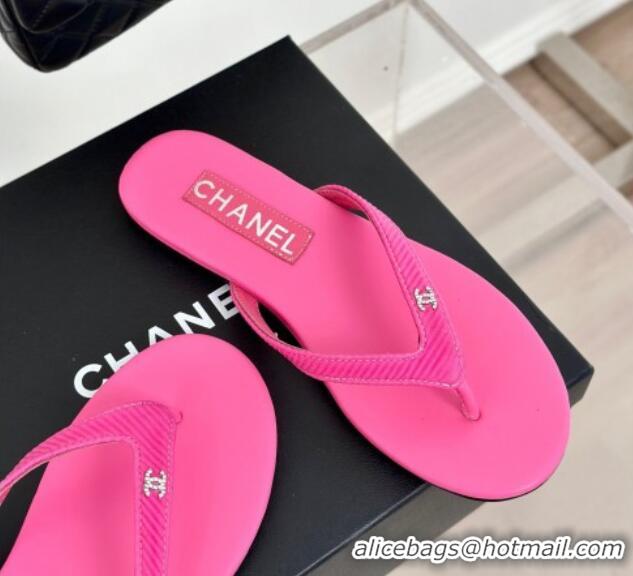 Top Design Chanel Ribbed Fabric Flat Thong Slide Sandals with Strass CC Pink 2025 G45716
