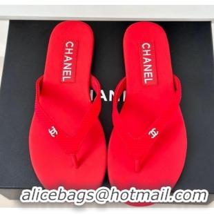 Stylish Chanel Ribbed Fabric Flat Thong Slide Sandals with Strass CC Red 2025 G45716