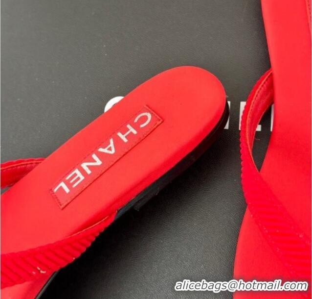 Stylish Chanel Ribbed Fabric Flat Thong Slide Sandals with Strass CC Red 2025 G45716
