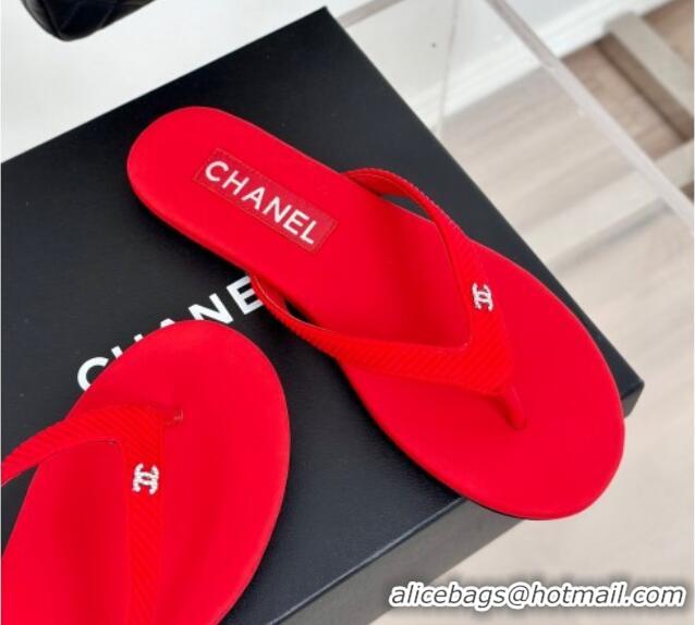 Stylish Chanel Ribbed Fabric Flat Thong Slide Sandals with Strass CC Red 2025 G45716