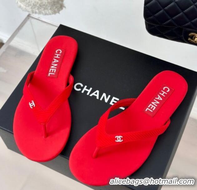 Stylish Chanel Ribbed Fabric Flat Thong Slide Sandals with Strass CC Red 2025 G45716