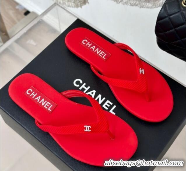 Stylish Chanel Ribbed Fabric Flat Thong Slide Sandals with Strass CC Red 2025 G45716