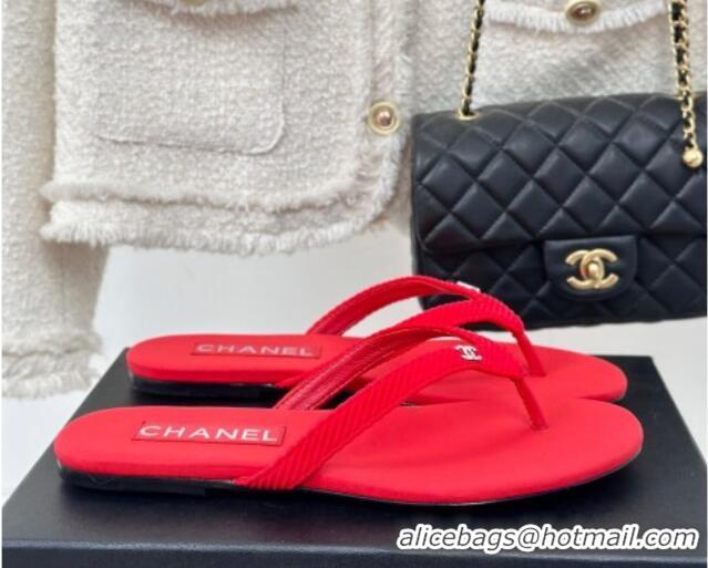 Stylish Chanel Ribbed Fabric Flat Thong Slide Sandals with Strass CC Red 2025 G45716