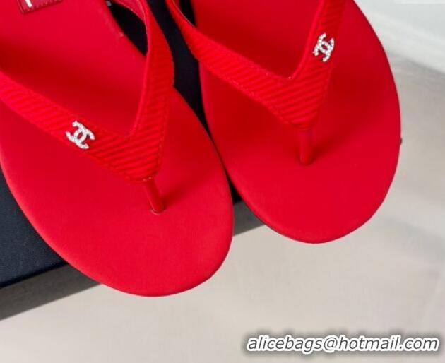 Stylish Chanel Ribbed Fabric Flat Thong Slide Sandals with Strass CC Red 2025 G45716
