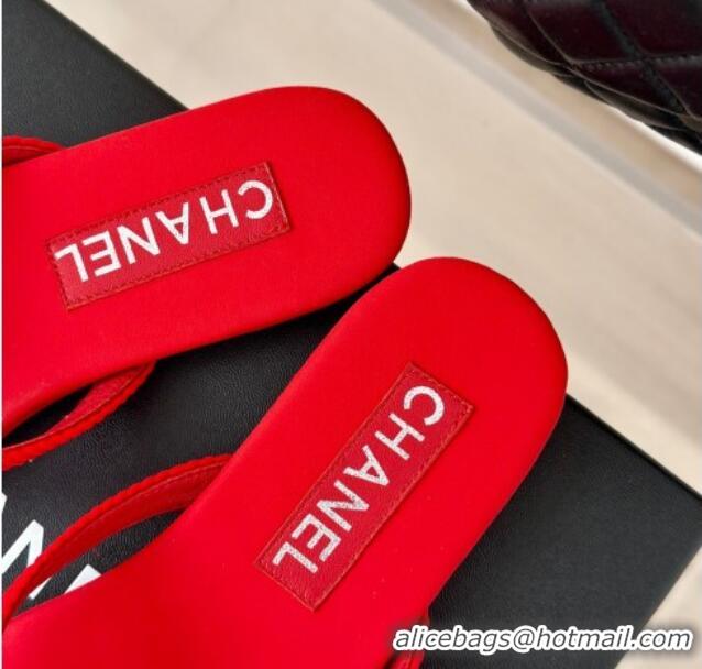 Stylish Chanel Ribbed Fabric Flat Thong Slide Sandals with Strass CC Red 2025 G45716