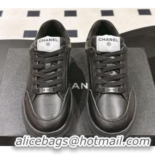 Shop Duplicate Chanel Ban'x Check Silky Calfskin Sneakers Black Leather 2025 CH041714