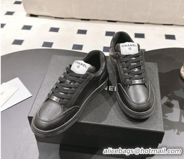 Shop Duplicate Chanel Ban'x Check Silky Calfskin Sneakers Black Leather 2025 CH041714