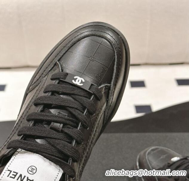 Shop Duplicate Chanel Ban'x Check Silky Calfskin Sneakers Black Leather 2025 CH041714