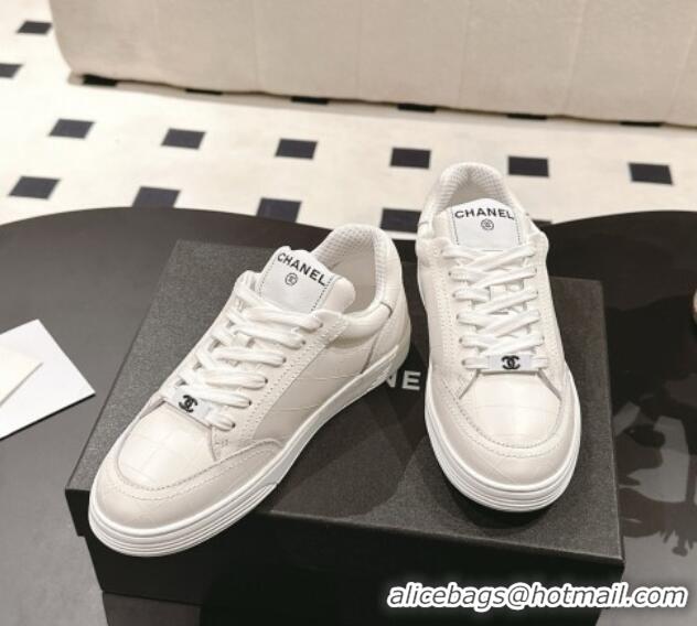 Popular Style Chanel Ban'x Check Silky Calfskin Sneakers White Leather 2025 CH041714