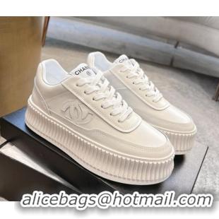 Unique Discount Chanel Calfskin Platform Sneakers White Leather 2025 CH041715