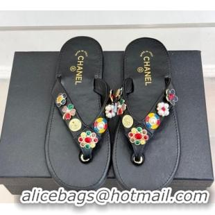 Luxurious Chanel Lambskin Flat Thong Slide Sandals with Charm Black 2025 G46304