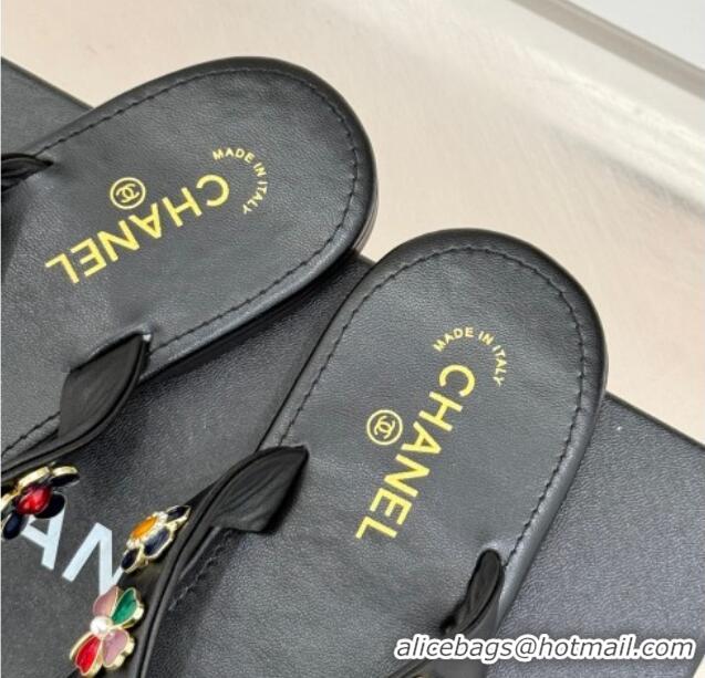 Luxurious Chanel Lambskin Flat Thong Slide Sandals with Charm Black 2025 G46304