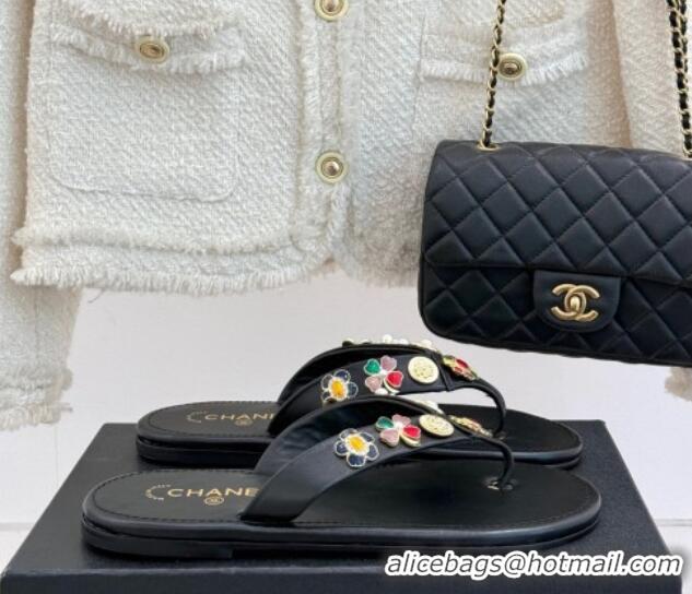 Luxurious Chanel Lambskin Flat Thong Slide Sandals with Charm Black 2025 G46304