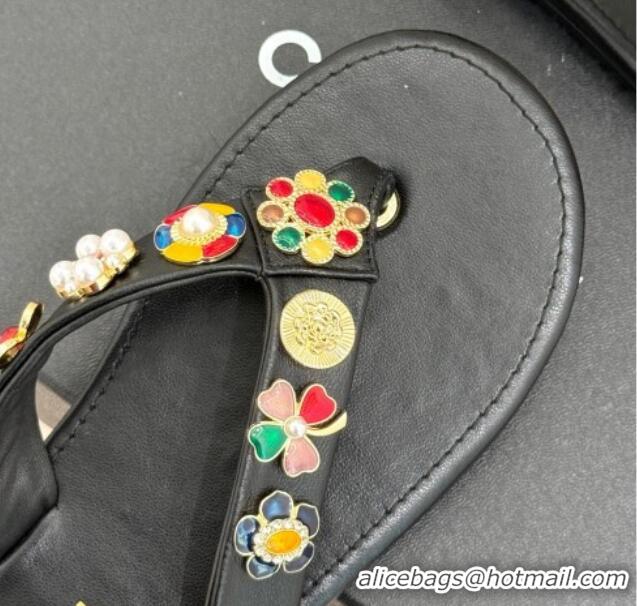 Luxurious Chanel Lambskin Flat Thong Slide Sandals with Charm Black 2025 G46304
