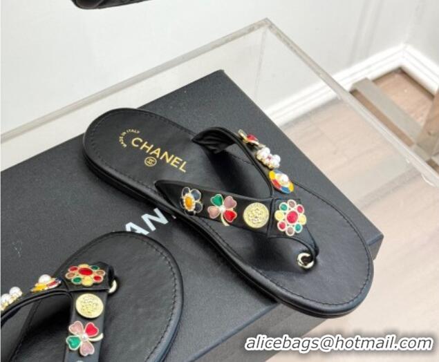 Luxurious Chanel Lambskin Flat Thong Slide Sandals with Charm Black 2025 G46304