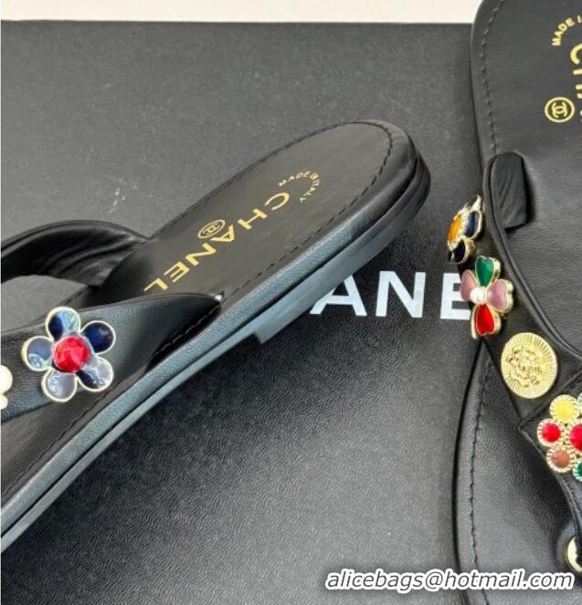 Luxurious Chanel Lambskin Flat Thong Slide Sandals with Charm Black 2025 G46304