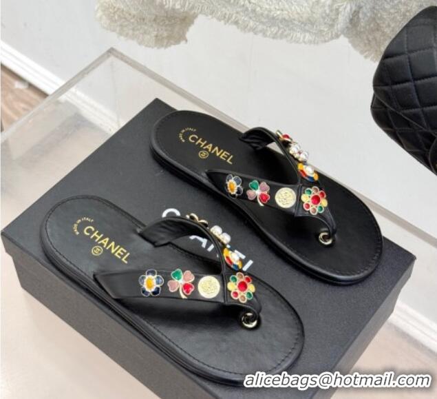 Luxurious Chanel Lambskin Flat Thong Slide Sandals with Charm Black 2025 G46304