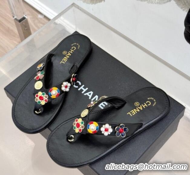 Luxurious Chanel Lambskin Flat Thong Slide Sandals with Charm Black 2025 G46304
