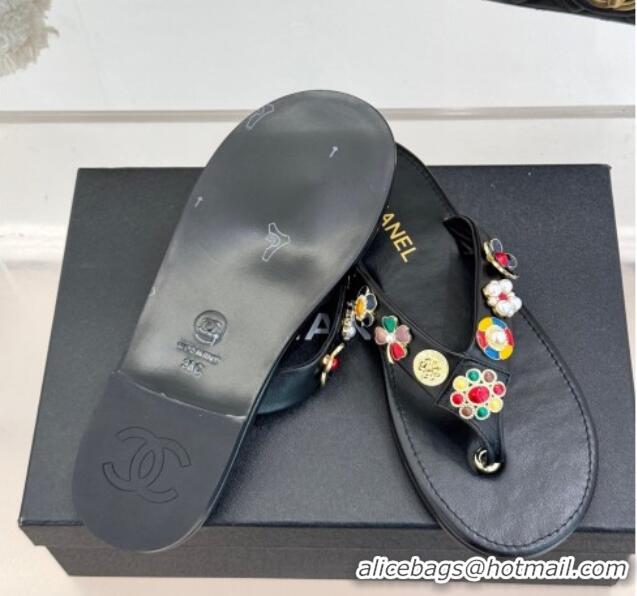 Luxurious Chanel Lambskin Flat Thong Slide Sandals with Charm Black 2025 G46304