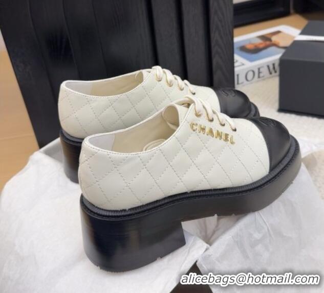Big Discount Chanel Quilted Calfskin Heel Lace-up Shoes 5.5cm White 2025 CH041716