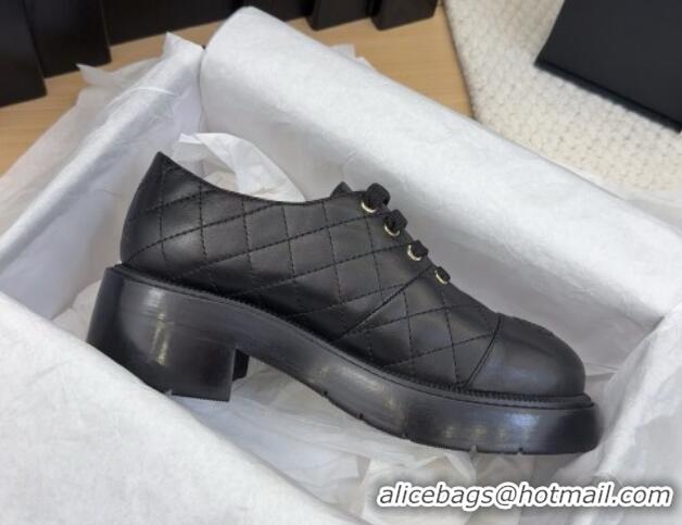 Grade Quality Chanel Quilted Calfskin Heel Lace-up Shoes 5.5cm Black 2025 CH041716