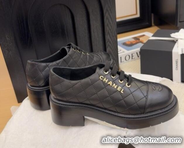 Grade Quality Chanel Quilted Calfskin Heel Lace-up Shoes 5.5cm Black 2025 CH041716