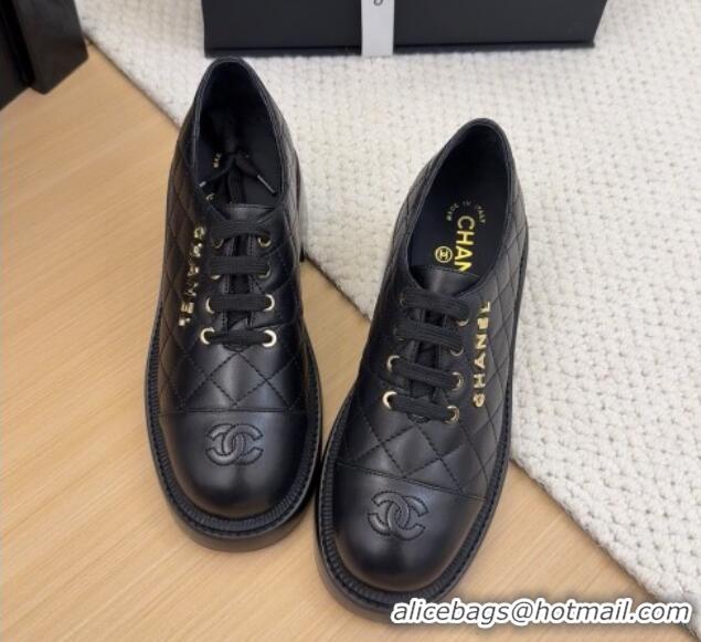 Grade Quality Chanel Quilted Calfskin Heel Lace-up Shoes 5.5cm Black 2025 CH041716