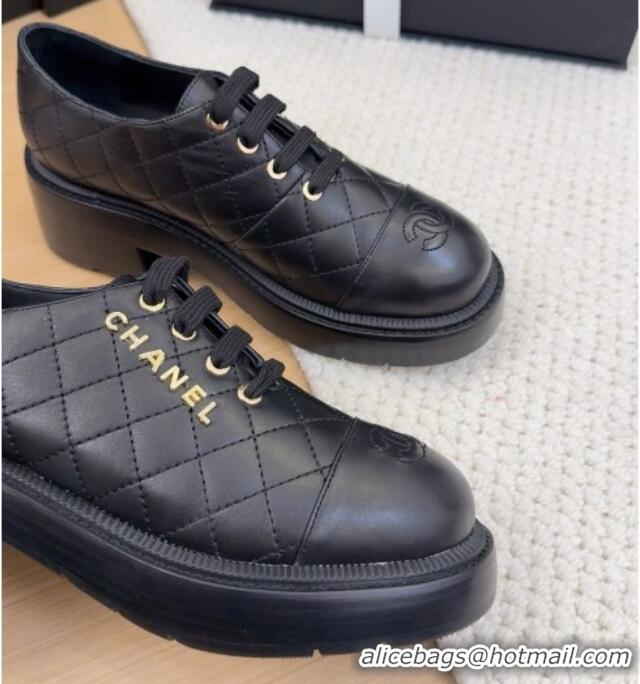 Grade Quality Chanel Quilted Calfskin Heel Lace-up Shoes 5.5cm Black 2025 CH041716