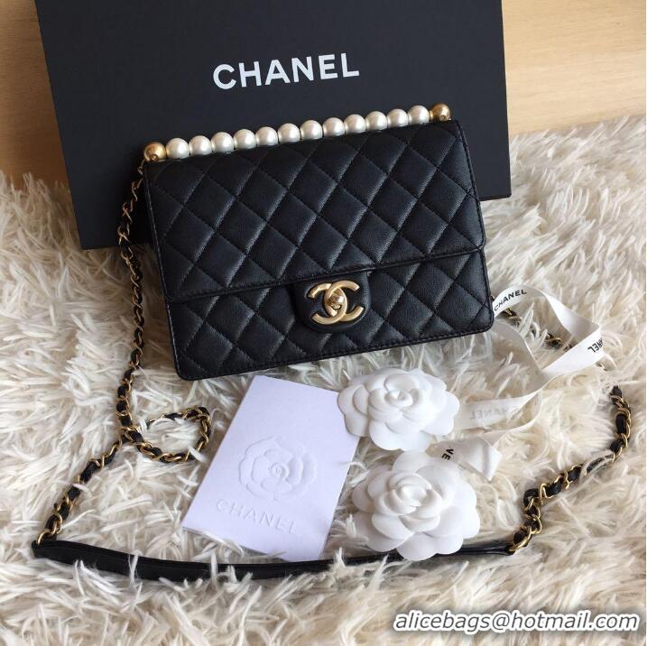 Discount Chanel Flap Bag Lambskin Quilted Leather Chic Pearls Small AS0585 Black