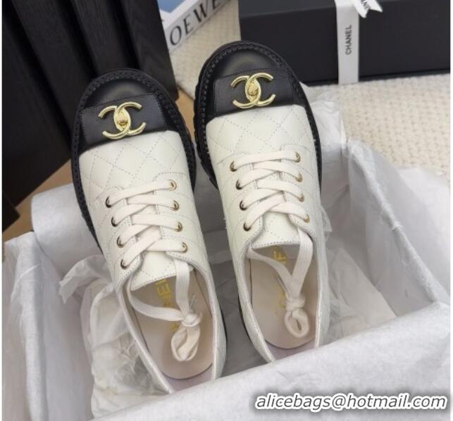 Unique Style Chanel Quilted Calfskin Lace-up Shoes 3cm with CC Tag White 2025 CH041717