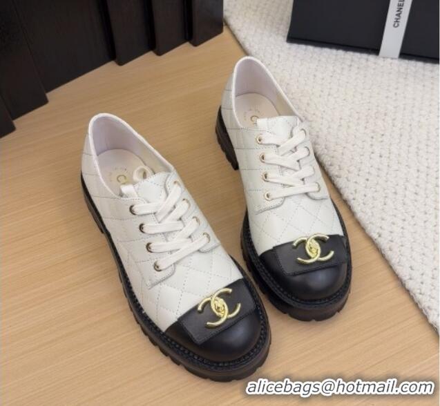 Unique Style Chanel Quilted Calfskin Lace-up Shoes 3cm with CC Tag White 2025 CH041717