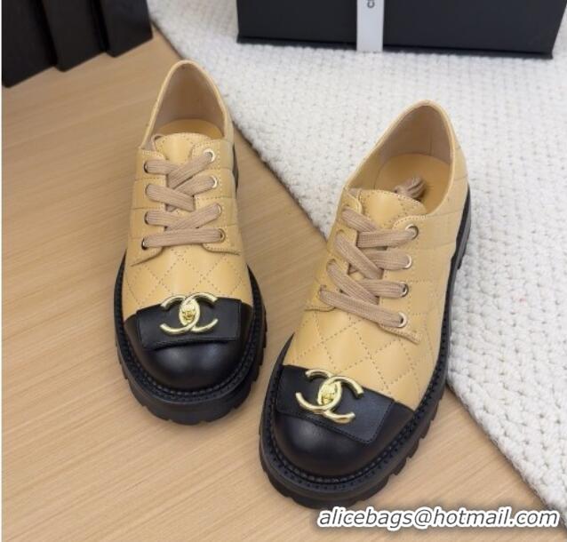 Stylish Chanel Quilted Calfskin Lace-up Shoes 3cm with CC Tag Beige 2025 CH041717