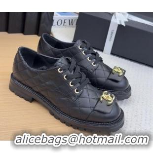 Charming Chanel Quilted Calfskin Lace-up Shoes 3cm with CC Tag Black 2025 CH041717