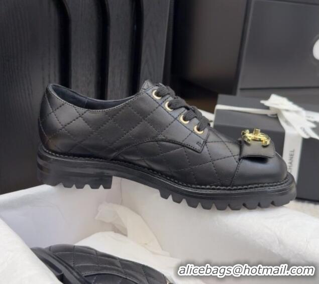 Charming Chanel Quilted Calfskin Lace-up Shoes 3cm with CC Tag Black 2025 CH041717