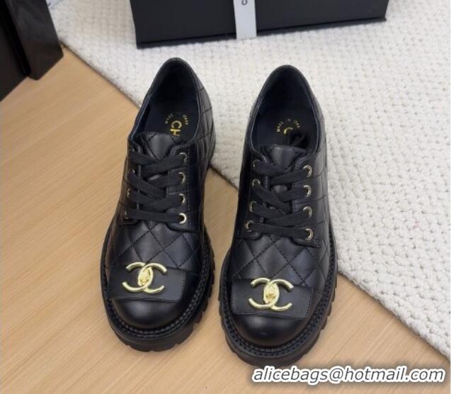 Charming Chanel Quilted Calfskin Lace-up Shoes 3cm with CC Tag Black 2025 CH041717