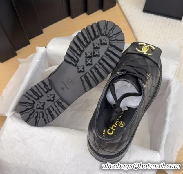 Charming Chanel Quilted Calfskin Lace-up Shoes 3cm with CC Tag Black 2025 CH041717
