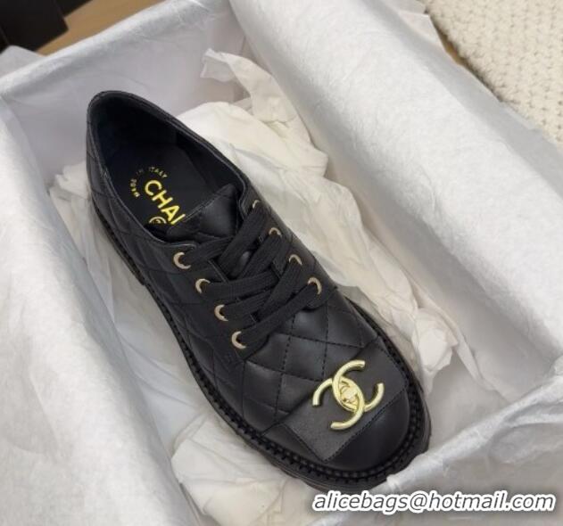 Charming Chanel Quilted Calfskin Lace-up Shoes 3cm with CC Tag Black 2025 CH041717
