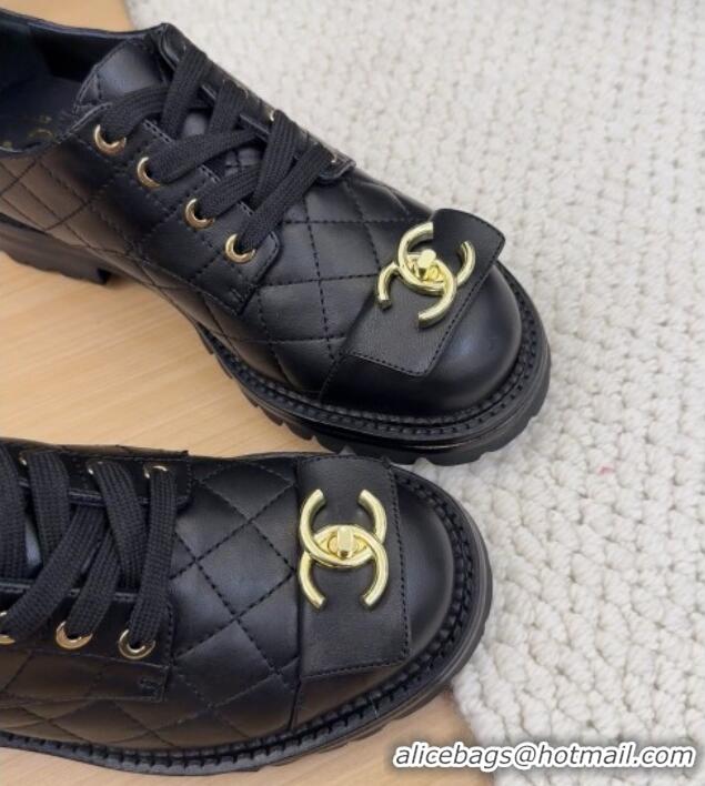 Charming Chanel Quilted Calfskin Lace-up Shoes 3cm with CC Tag Black 2025 CH041717