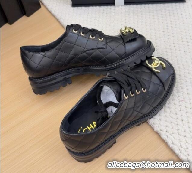 Charming Chanel Quilted Calfskin Lace-up Shoes 3cm with CC Tag Black 2025 CH041717