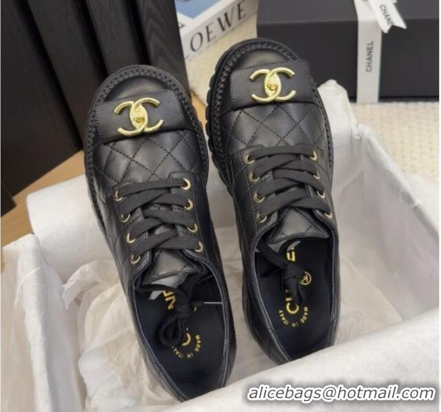 Charming Chanel Quilted Calfskin Lace-up Shoes 3cm with CC Tag Black 2025 CH041717