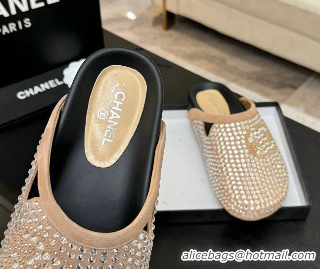 Sophisticated Chanel Suede Flat Mules with Paved Strass Beige 2025 CH041718