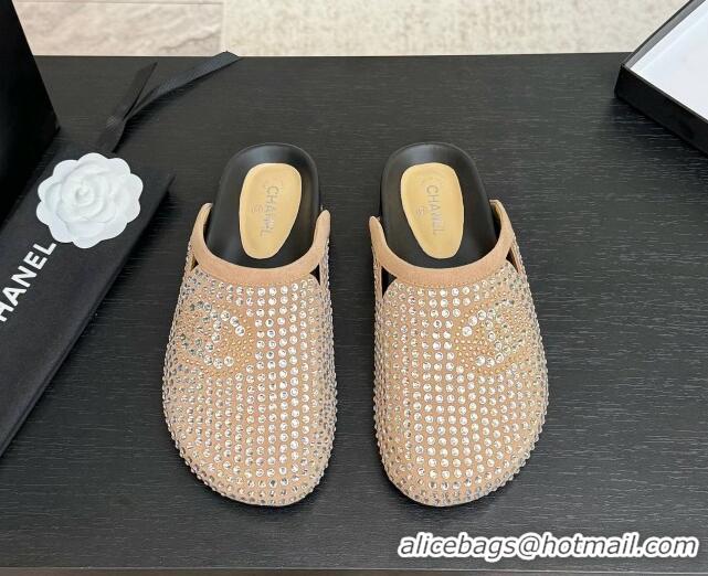 Sophisticated Chanel Suede Flat Mules with Paved Strass Beige 2025 CH041718