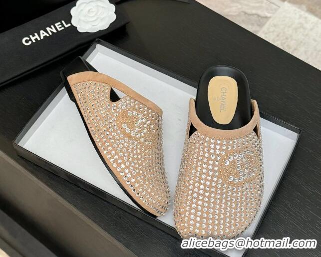 Sophisticated Chanel Suede Flat Mules with Paved Strass Beige 2025 CH041718